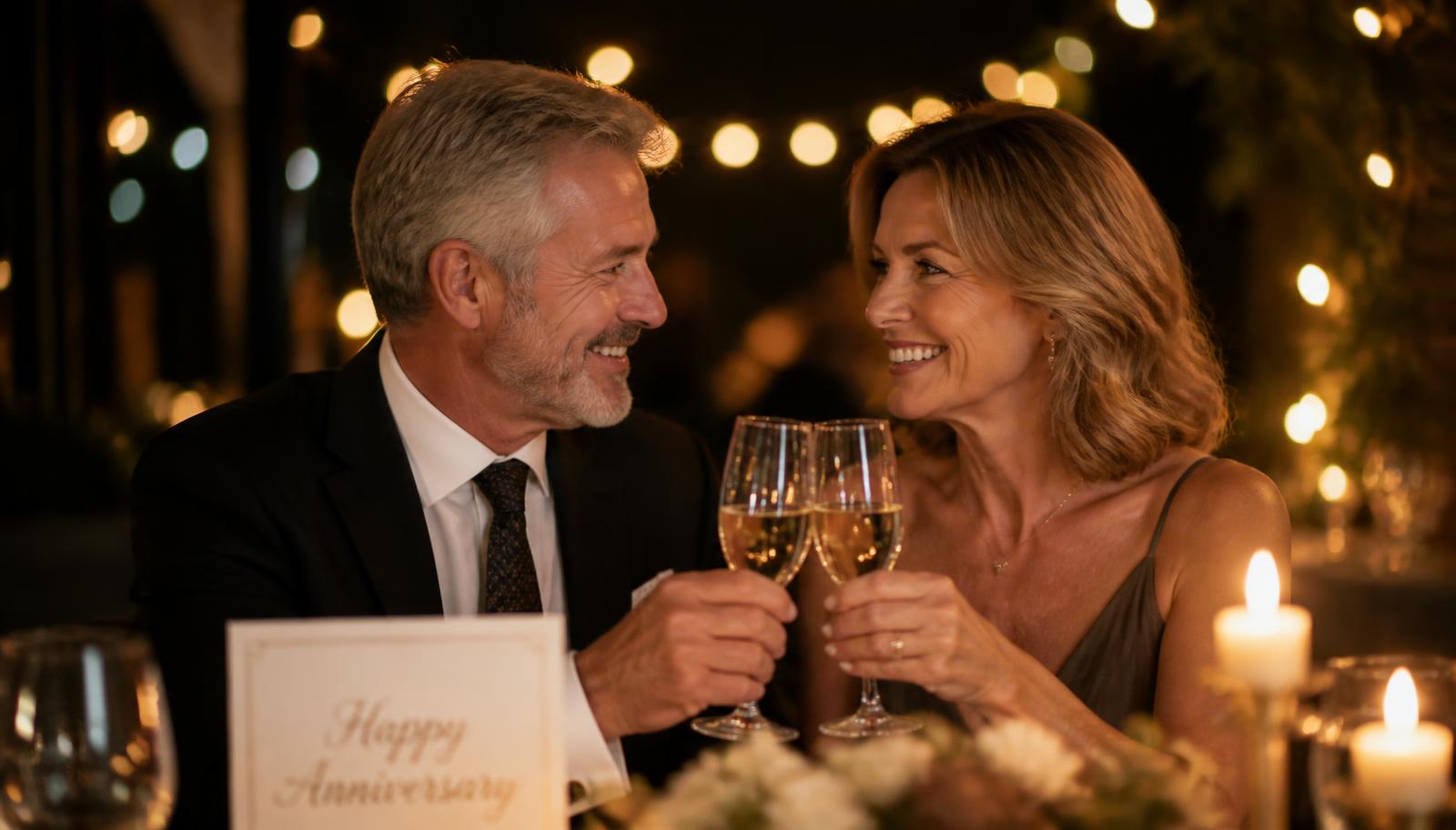 Couple toasting champagne at a candlelit anniversary dinner