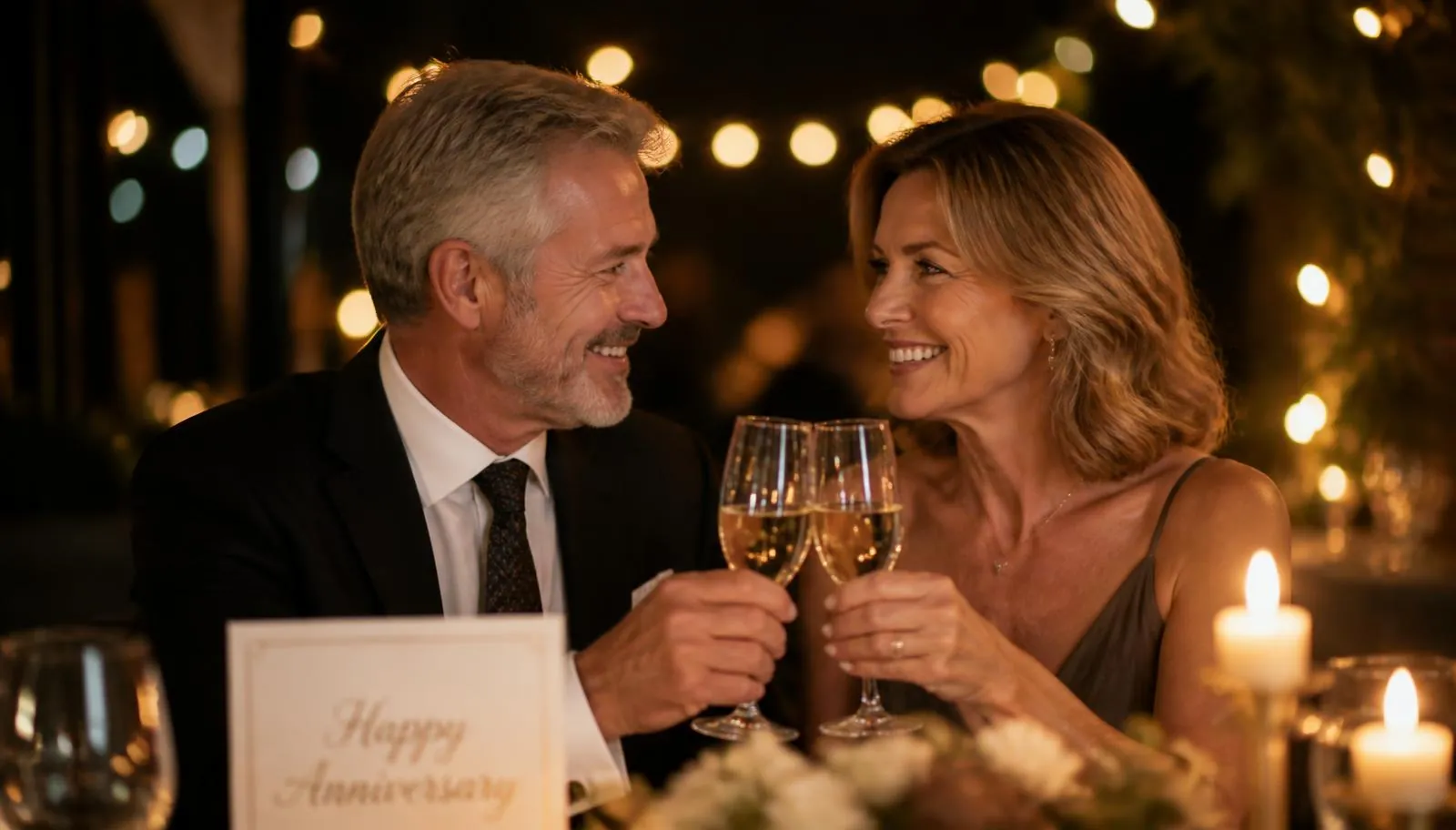 Couple toasting champagne at a candlelit anniversary dinner