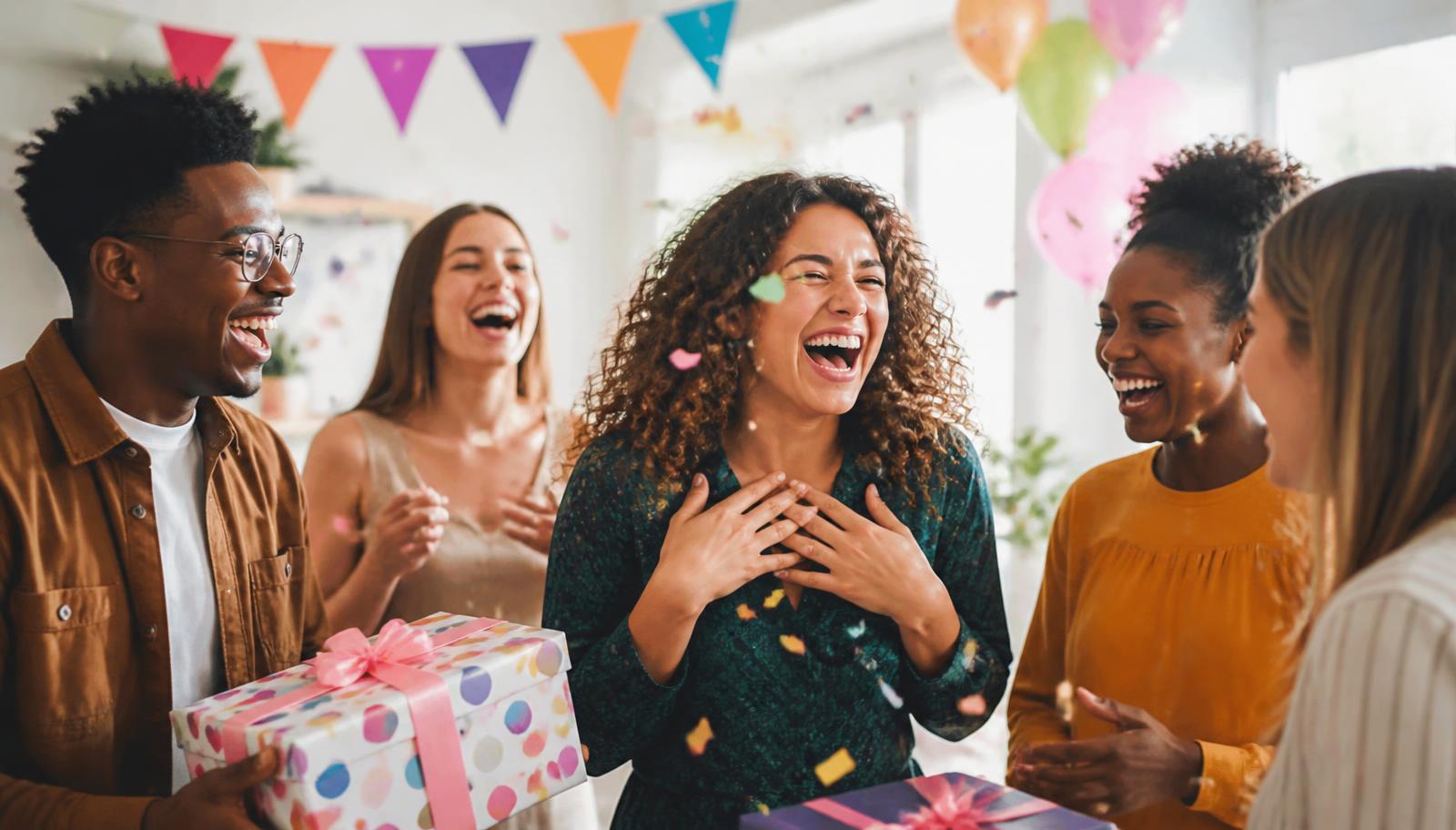 Friends laughing with confetti at a surprise party